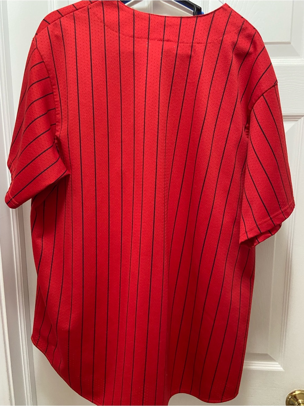 Yankees Red Pinstripe Button-Up Jersey By Majestic Sz Large - Picture 6 of 6